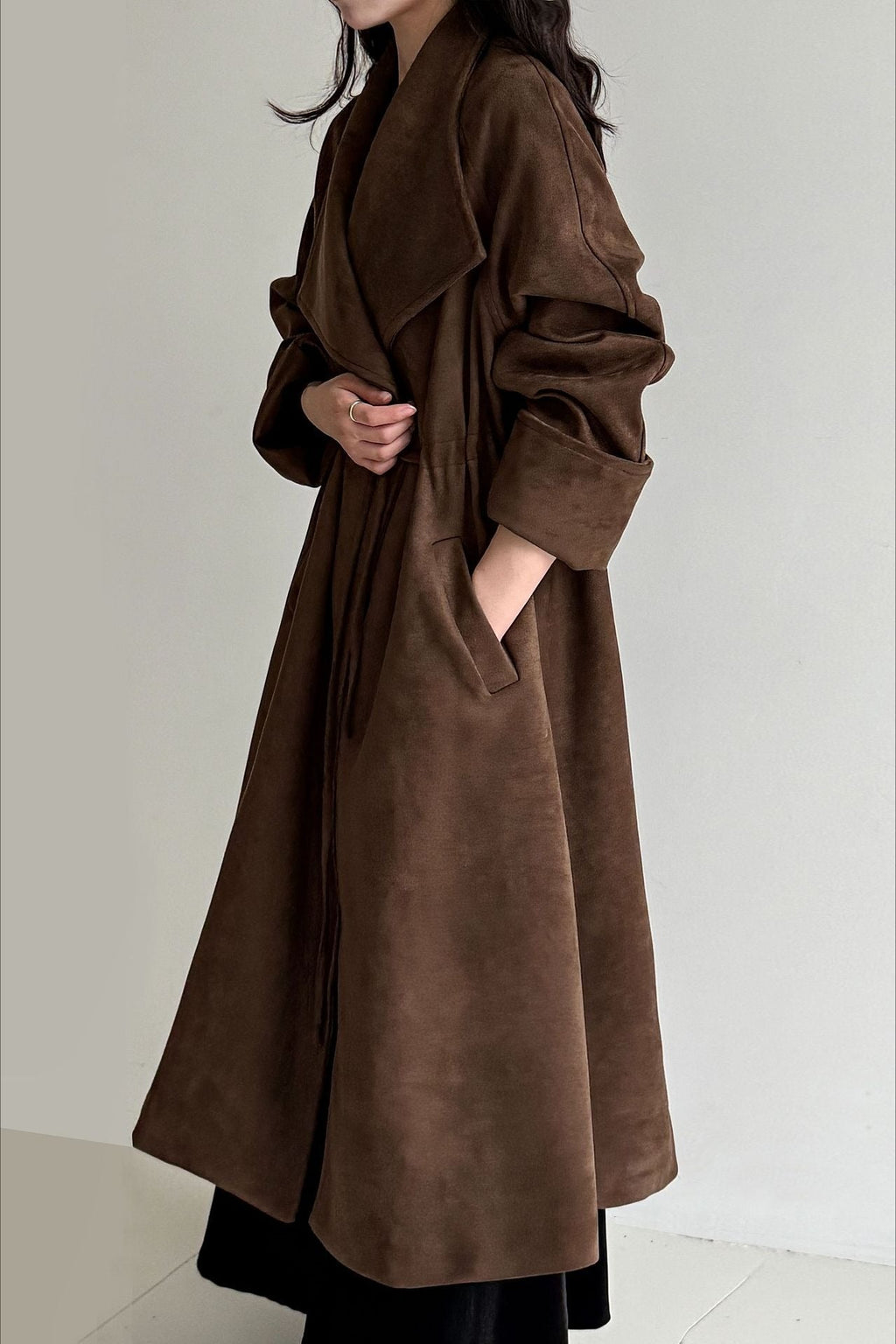Drawstring Notch Collar Long Relaxed Overcoat