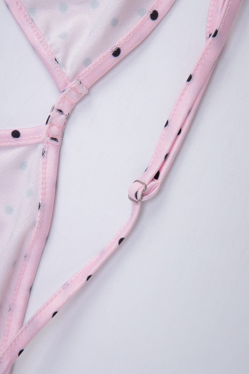 Pink Polka Dot Halter Skirt Style Three Piece Swim Set