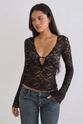 Floral Lace Deep V Long Sleeve Tee