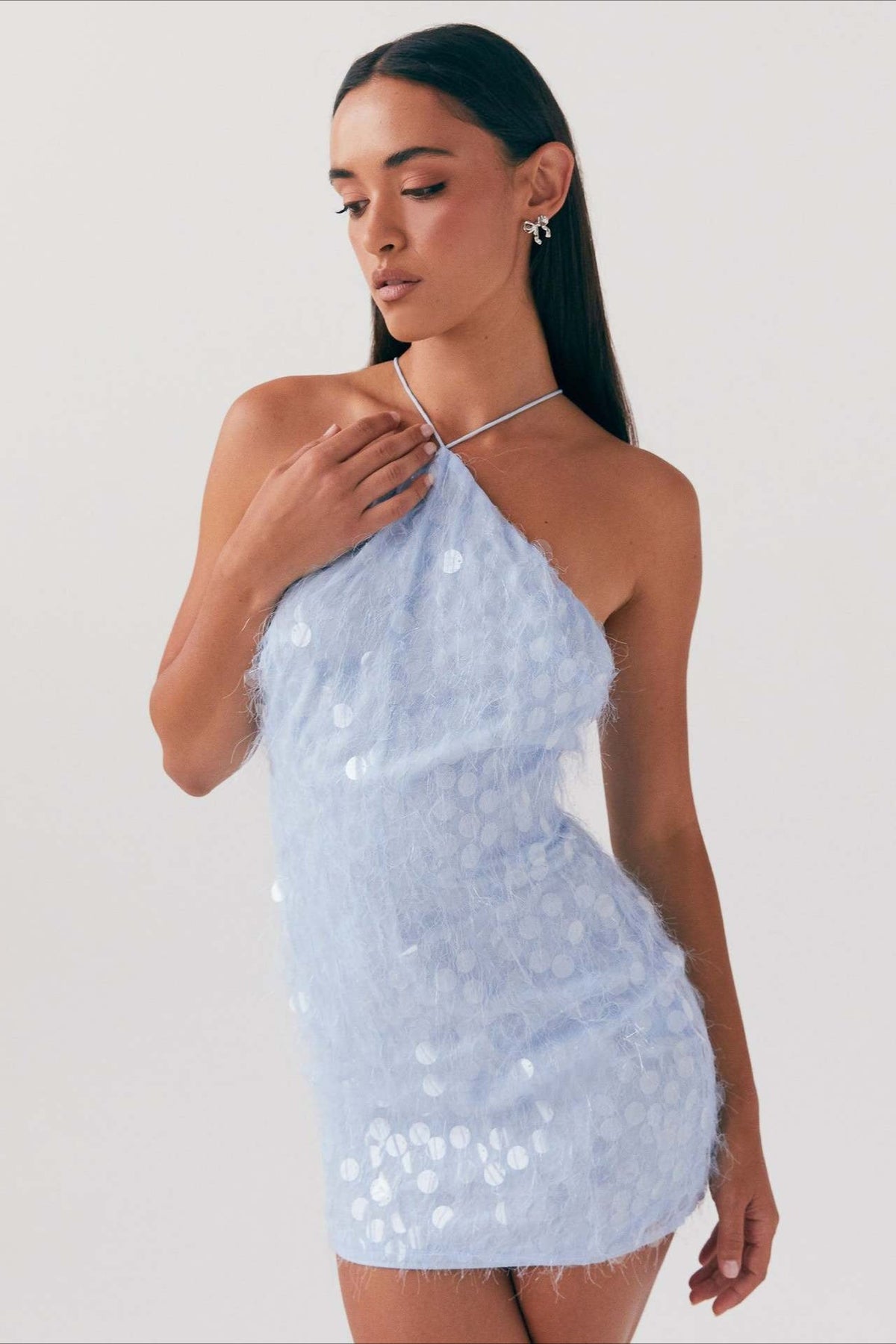 Espalda Descubierta, Halter, Lentejuelas y Cordones Vestido de Fiesta