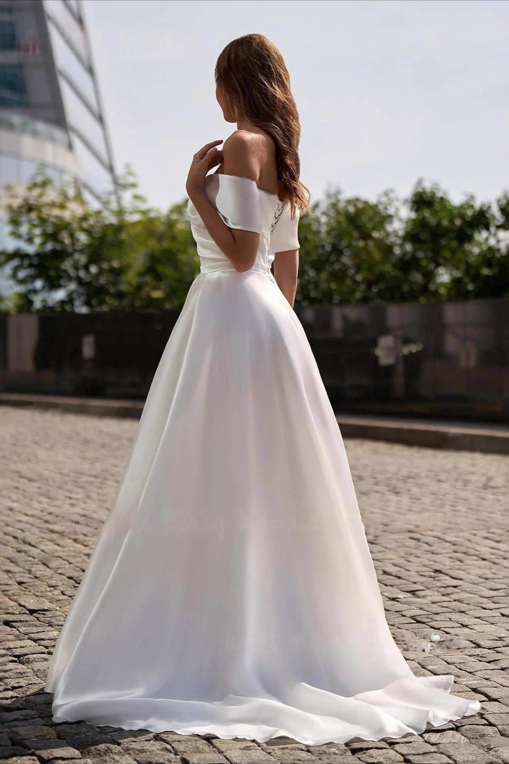 Simple Satin Cross Off Shoulder Train Wedding Dress