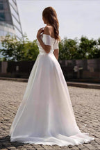Simple Satin Cross Off Shoulder Train Wedding Dress