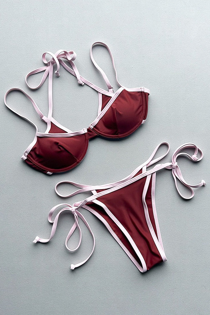 Contrast Patchwork Side Tie Layered Bikini Set