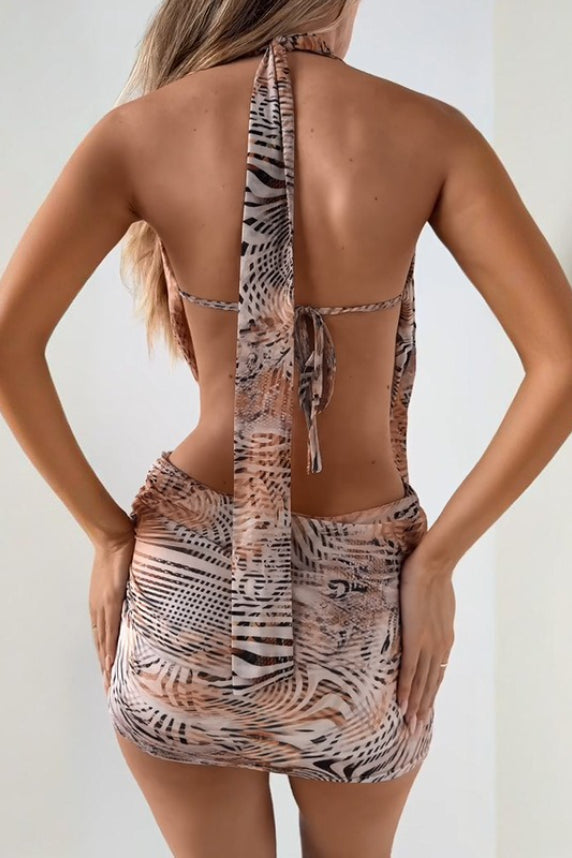 Zebra Print Cowl Neck Backless Bodycon Mini Dress