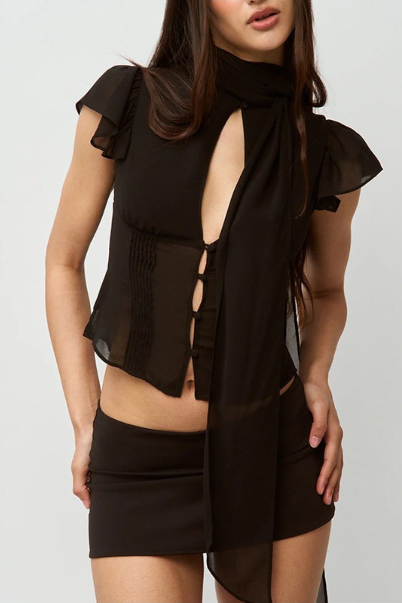 Button Hollow Out Tie Detail Waist Slim Tee