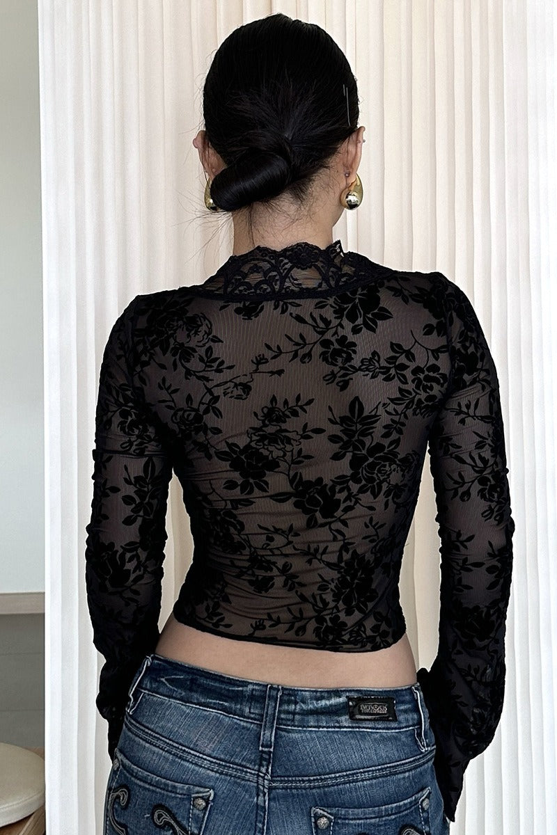 Printed Mesh Lace Trim Button Front Blouse