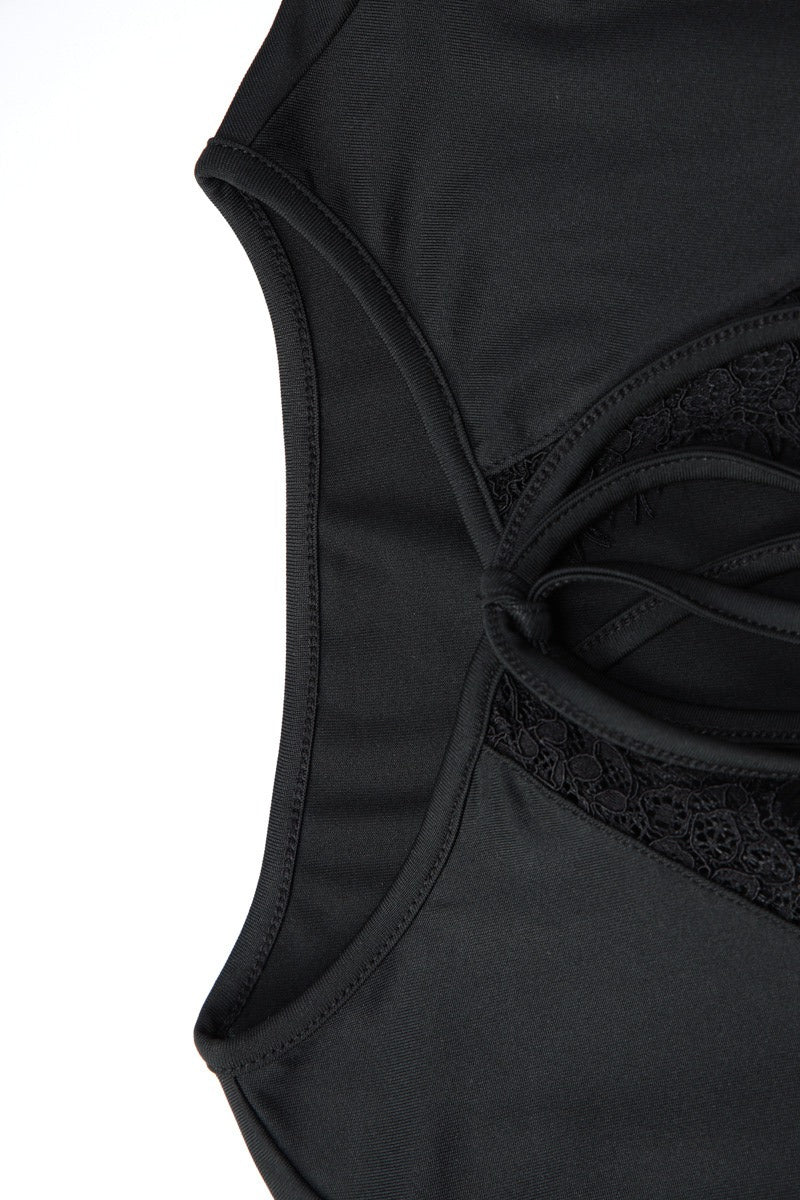 Lace Hollow Out Tie Detail Slim Fit Tee