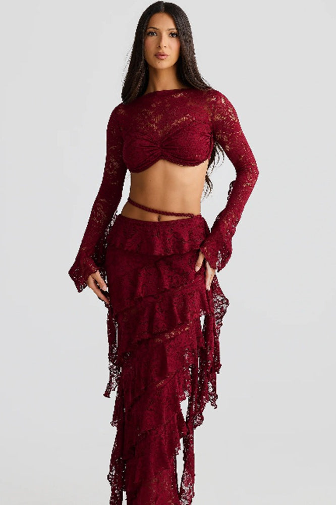 Lace Trim Layered Ribbon Tie Skirt Set