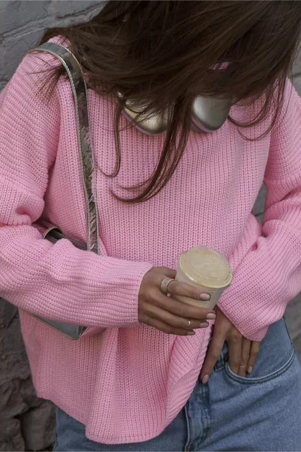 Liso De Punto Cuello Redondo Se Pone por la Cabeza Suéter