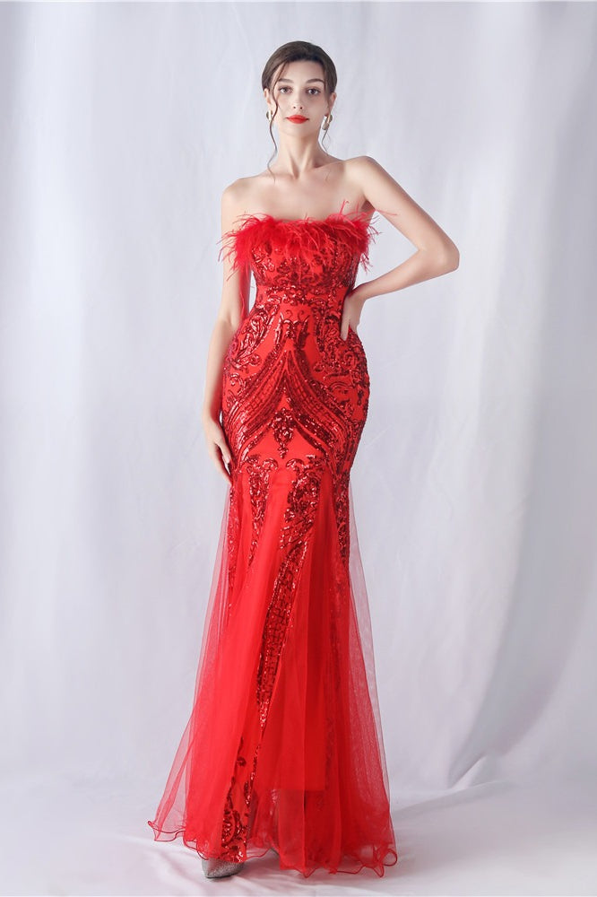 Pluma de Avestruz Lentejuelas Vestido de Fiesta de Noche