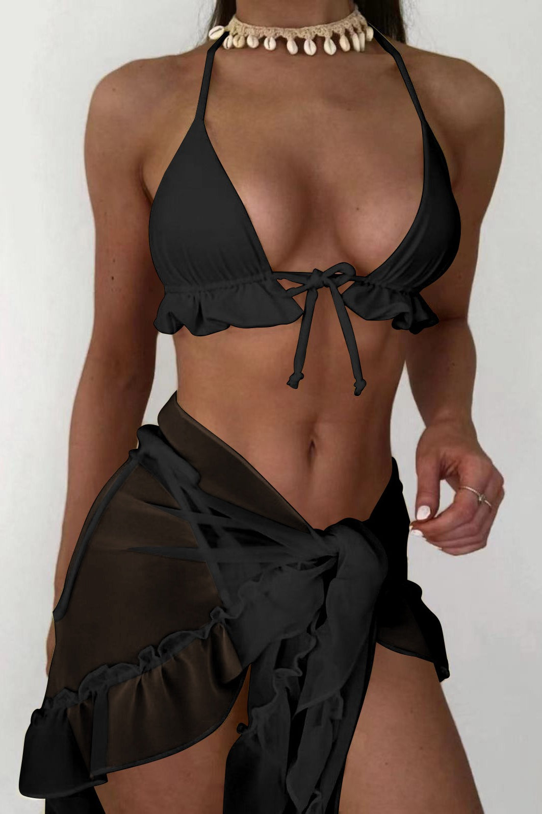 Ruffle Halter Tie Mesh Ruched Three Piece Swim Set