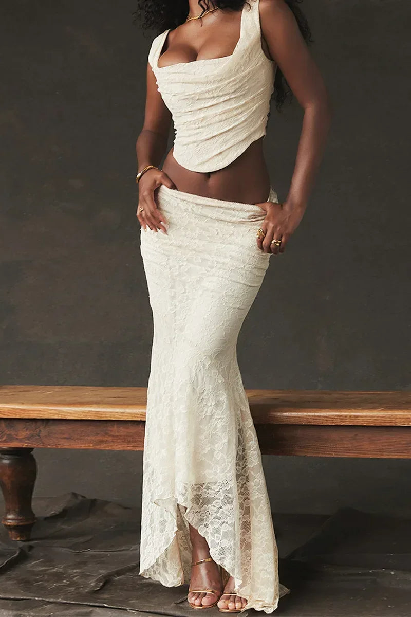 Elegant Lace-Up Crop Top & Maxi Skirt Boho Dress