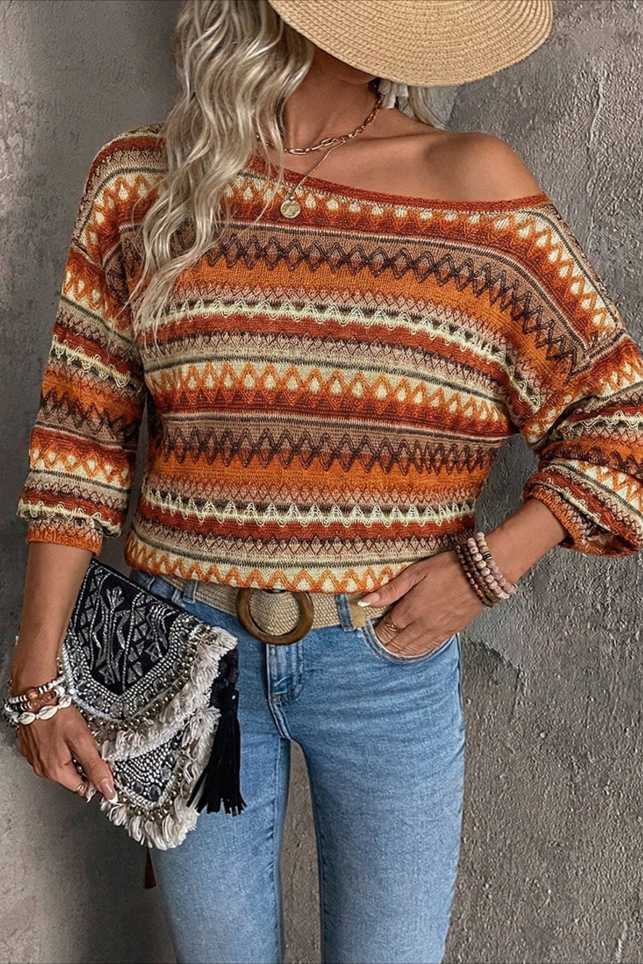 Multicolor Stripe Off Shoulder Knit Tee