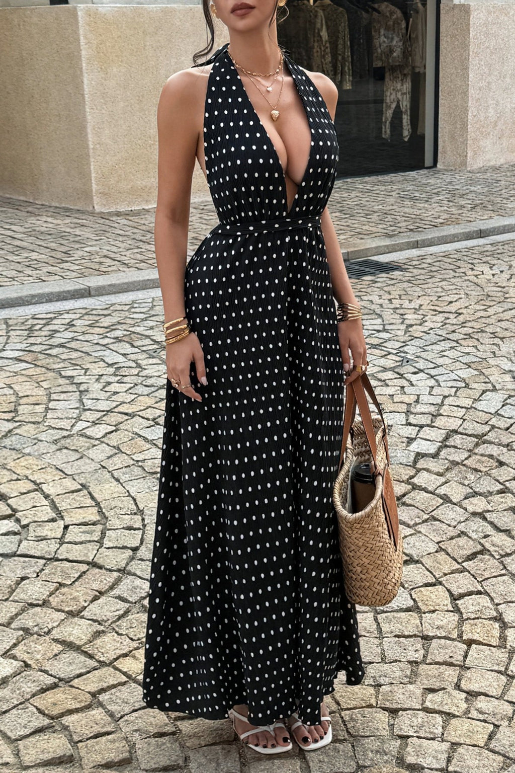 Polka Dot Halter High Neck Vacation Maxi Dress