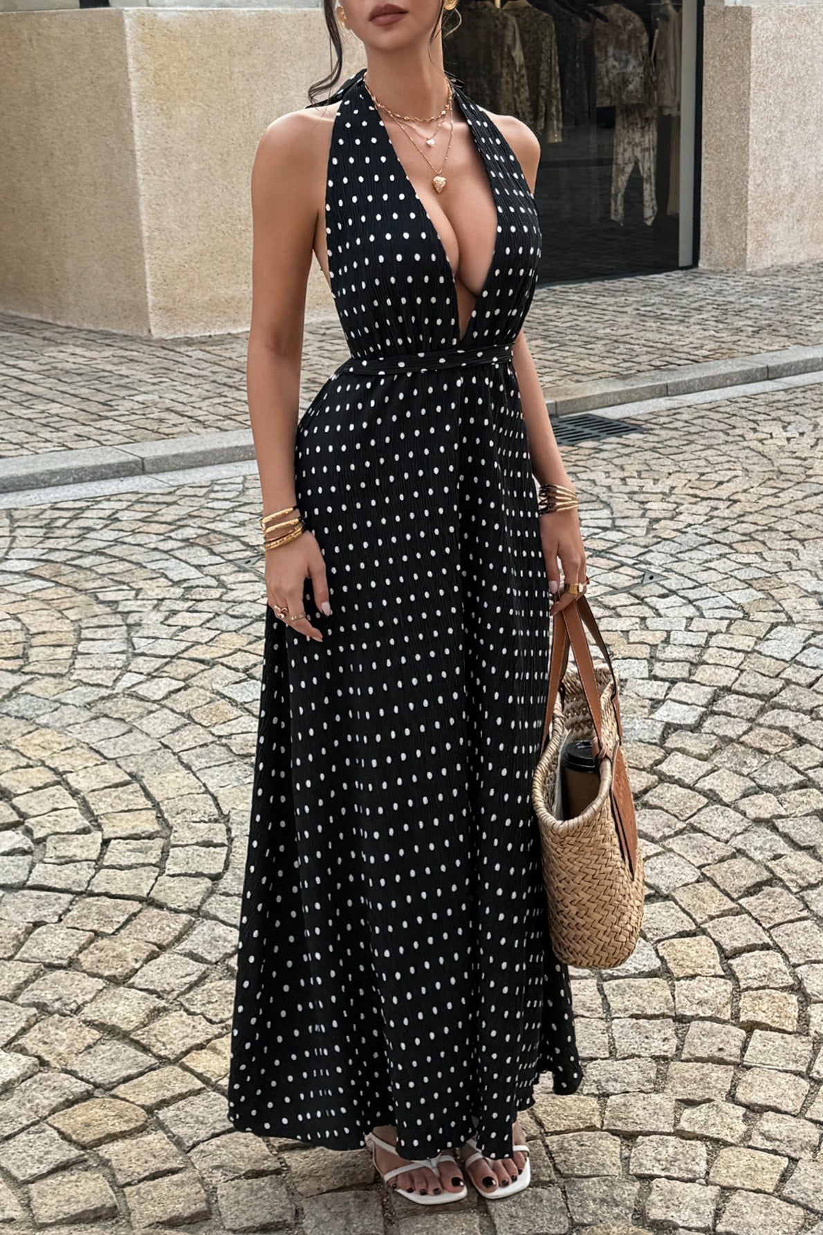 Polka Dot Halter High Neck Vacation Maxi Dress