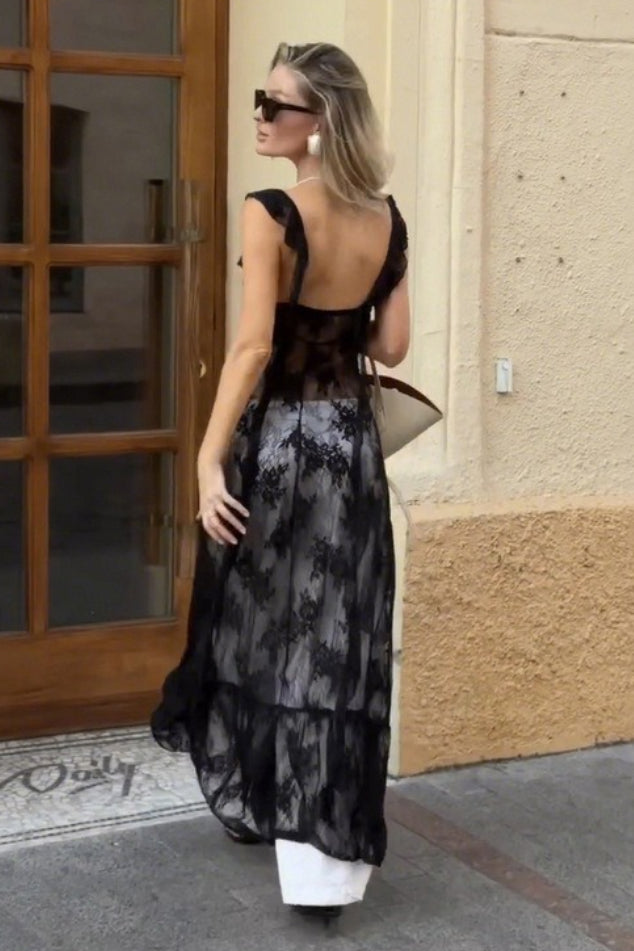 Black Elegant Lace Jacquard Cami Maxi Dress