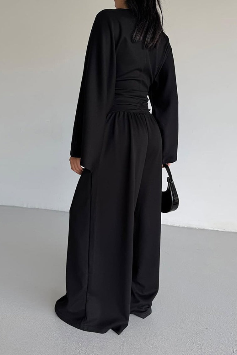 Casual Cinched Waist Flared Sleeve Top Palazzo Pants Set