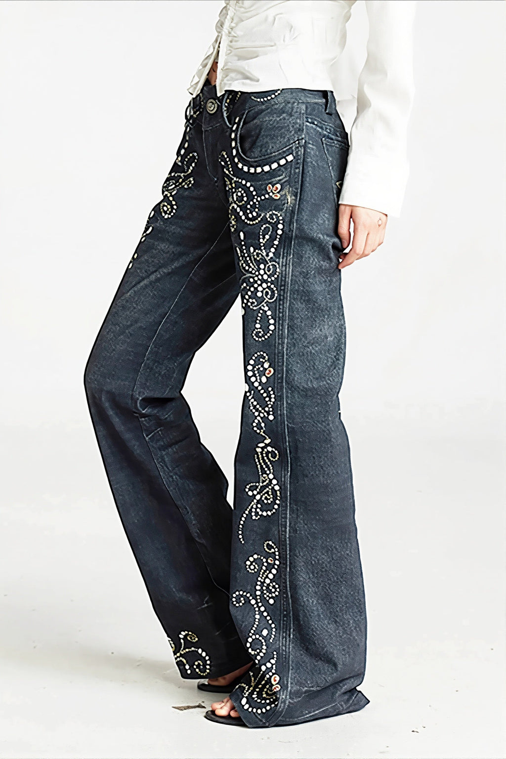 Ornate Scroll Print Washed Flare Jeans