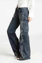 Ornate Scroll Print Washed Flare Jeans