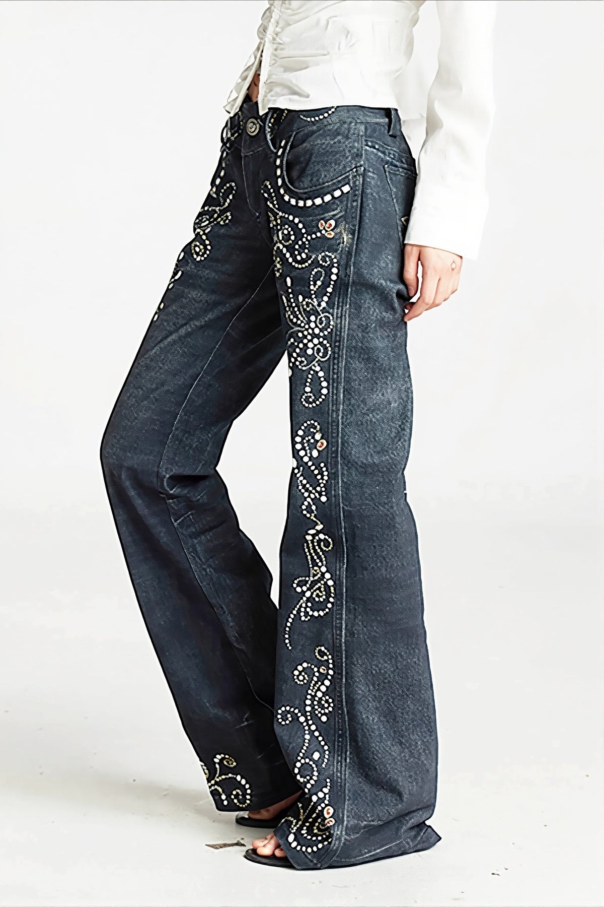 Ornate Scroll Print Washed Flare Jeans