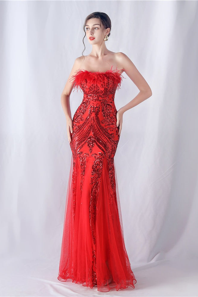 Pluma de Avestruz Lentejuelas Vestido de Fiesta de Noche