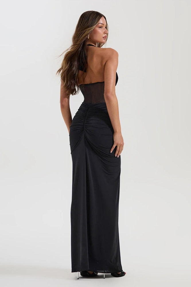 Halter Panel de Malla Vestido Maxi