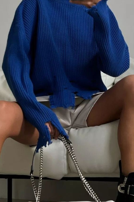 Edgy Desgastado Cuello Redondo Liso Suéter