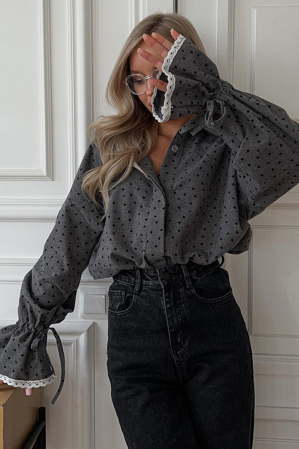 Estampado de Corazones Encaje Trimmed Blusa