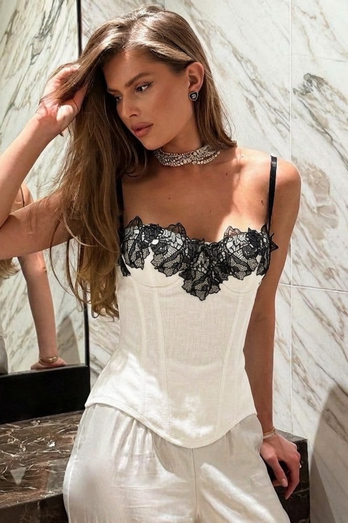White Lace Detail Back Zipper Slim Cami