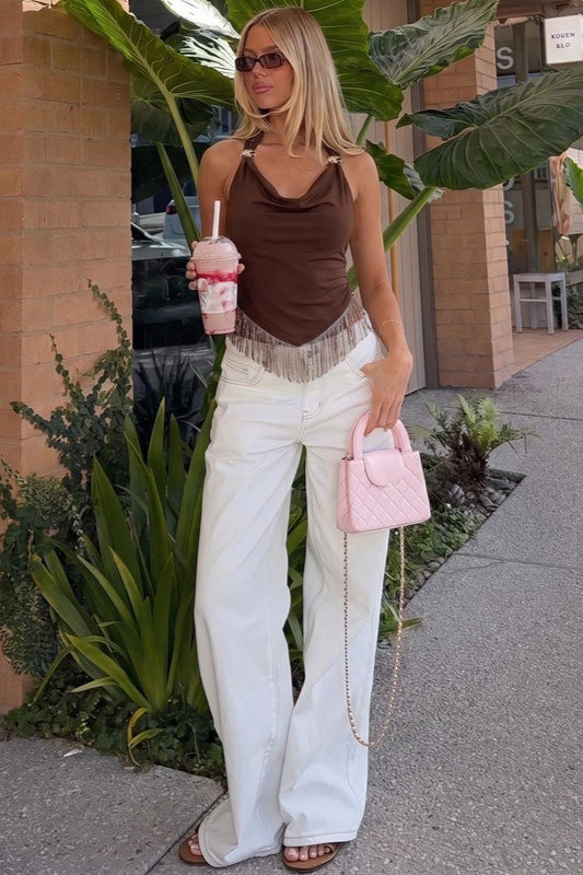Cowl Neck Metal Accent Fringe Hem Halter Top