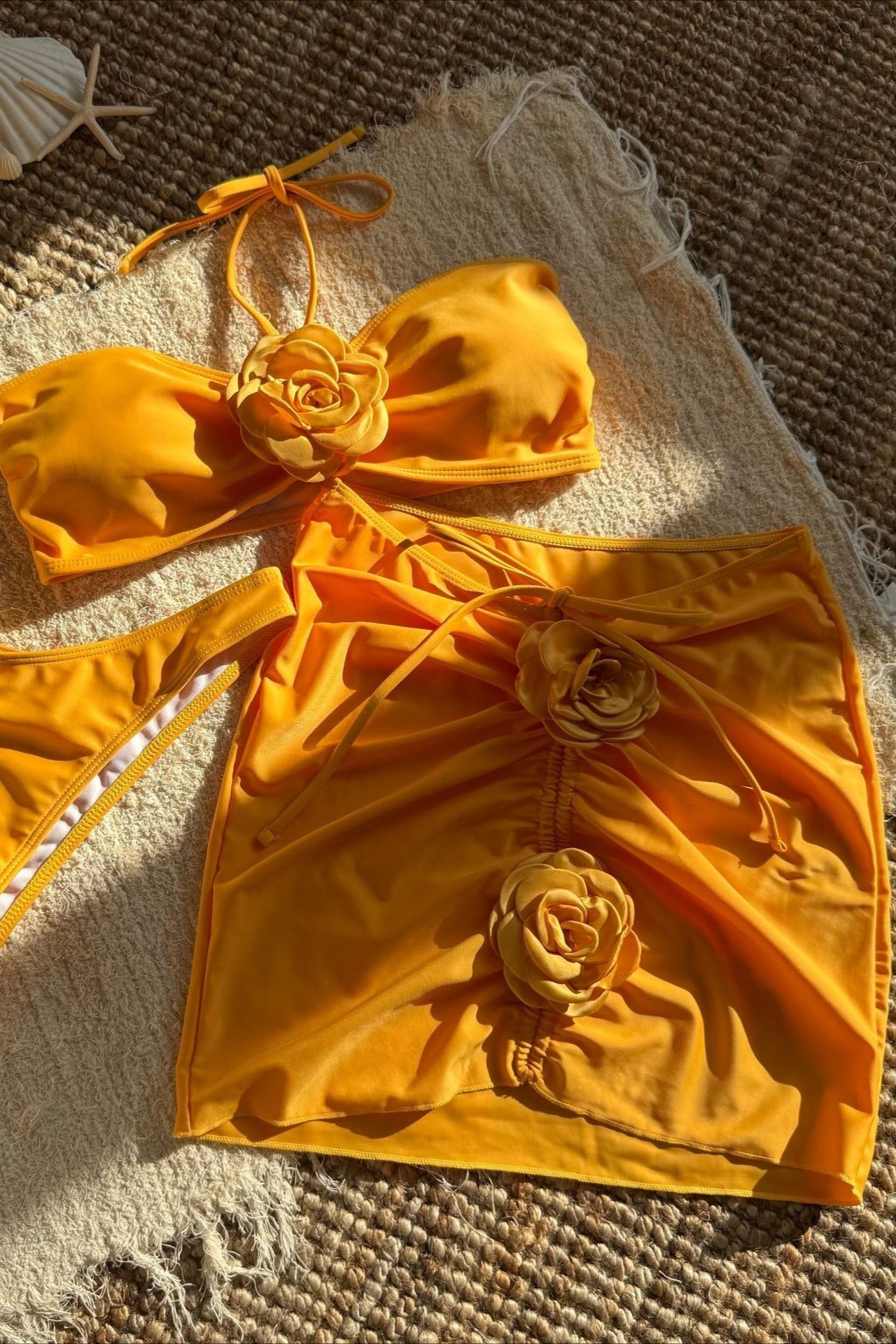 Solid 3D Floral Mini Skirt Three Piece Swim Set