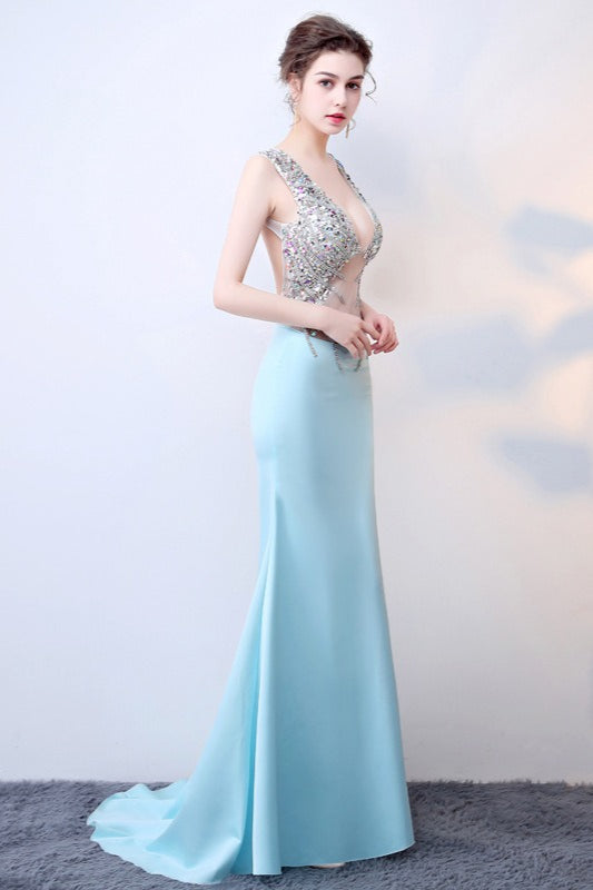 Transparente Azul Escote Profundo en V Vestido Maxi de Fiesta