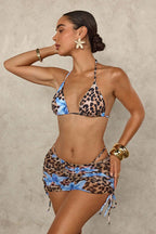 Conjunto de baño de tres piezas con cuello halter y lazo, con estampado de leopardo