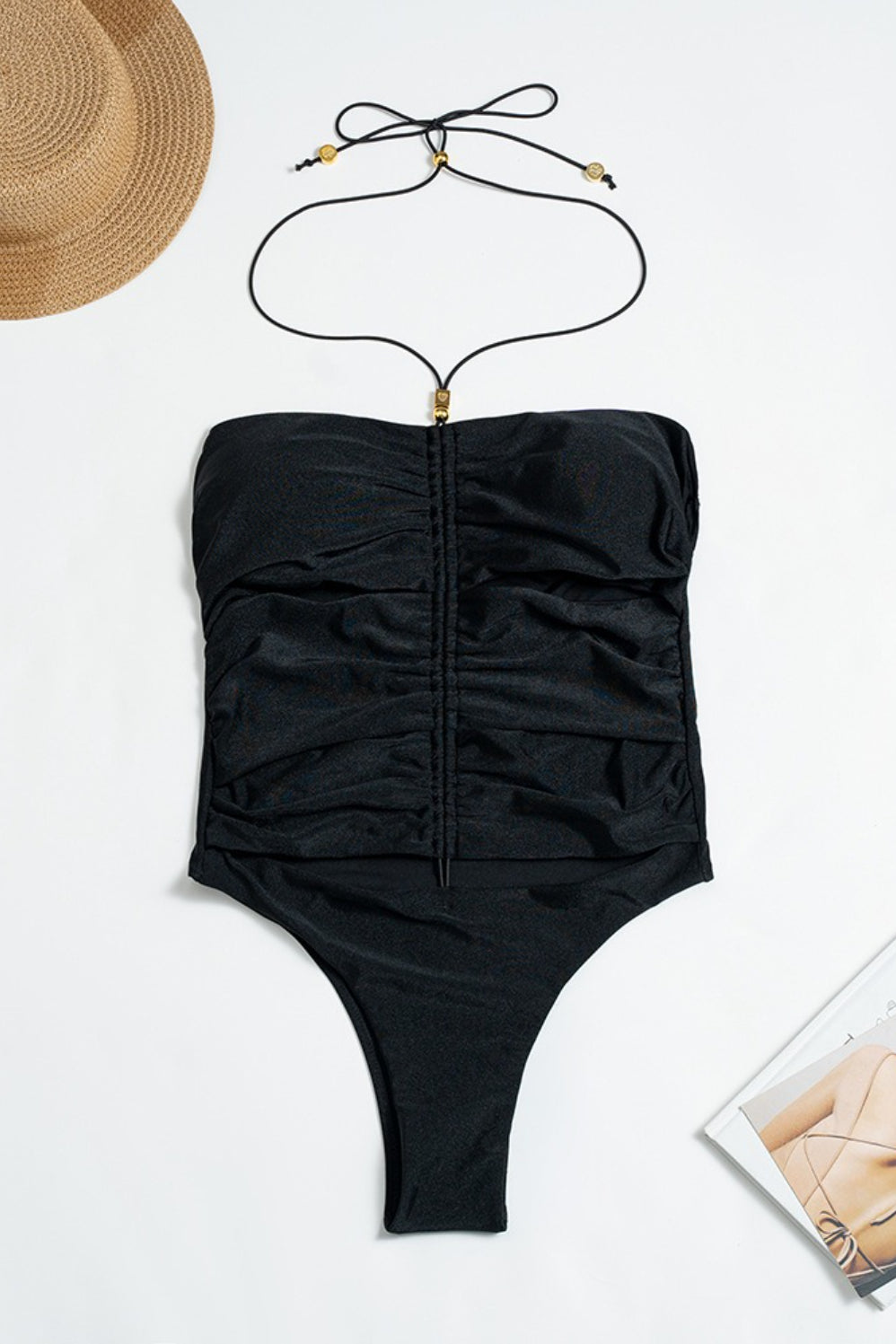 Shiny Ruched Strappy Nylon One Piece Swimwear