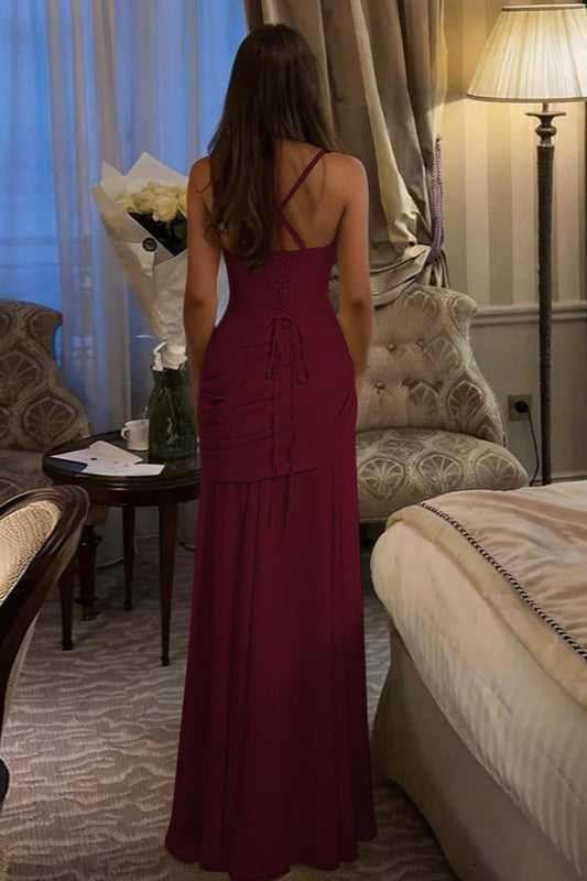 Elegant Solid Color Lace Up Ruched Maxi Dress