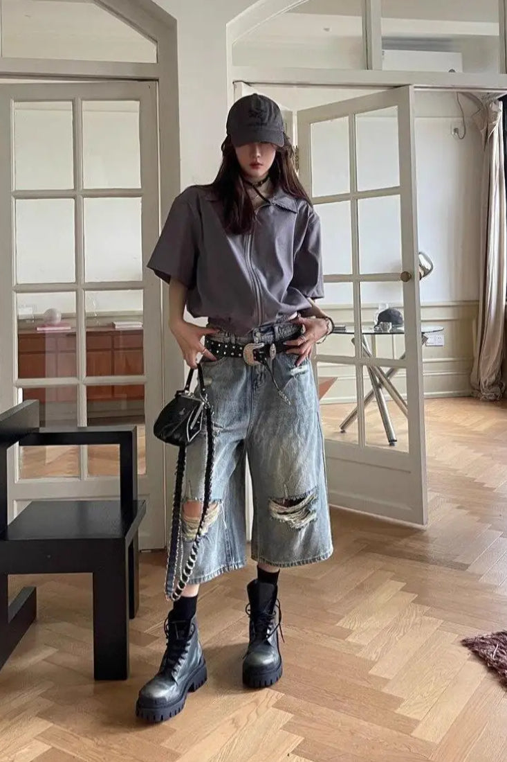 Loose Ripped Capri Wide Leg Jeans