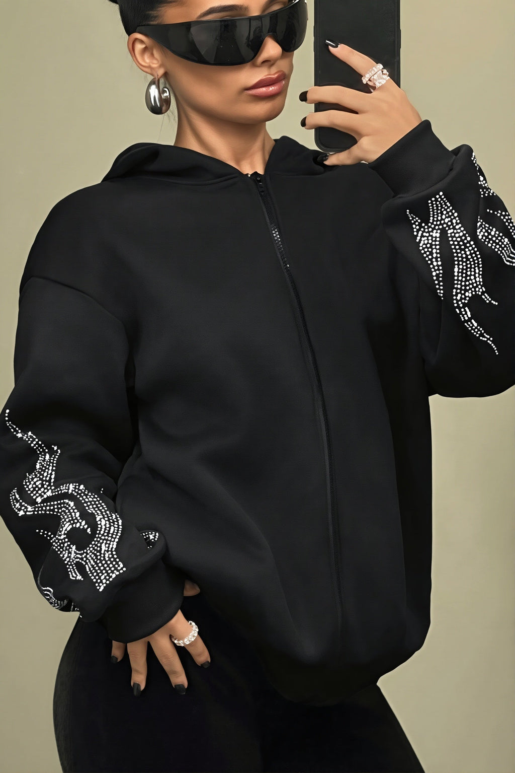 Rhinestone Flame Zip Hoodie