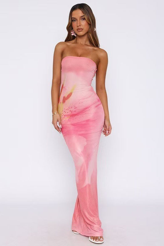 Strapless Bodycon Back Slit Vacation Dress