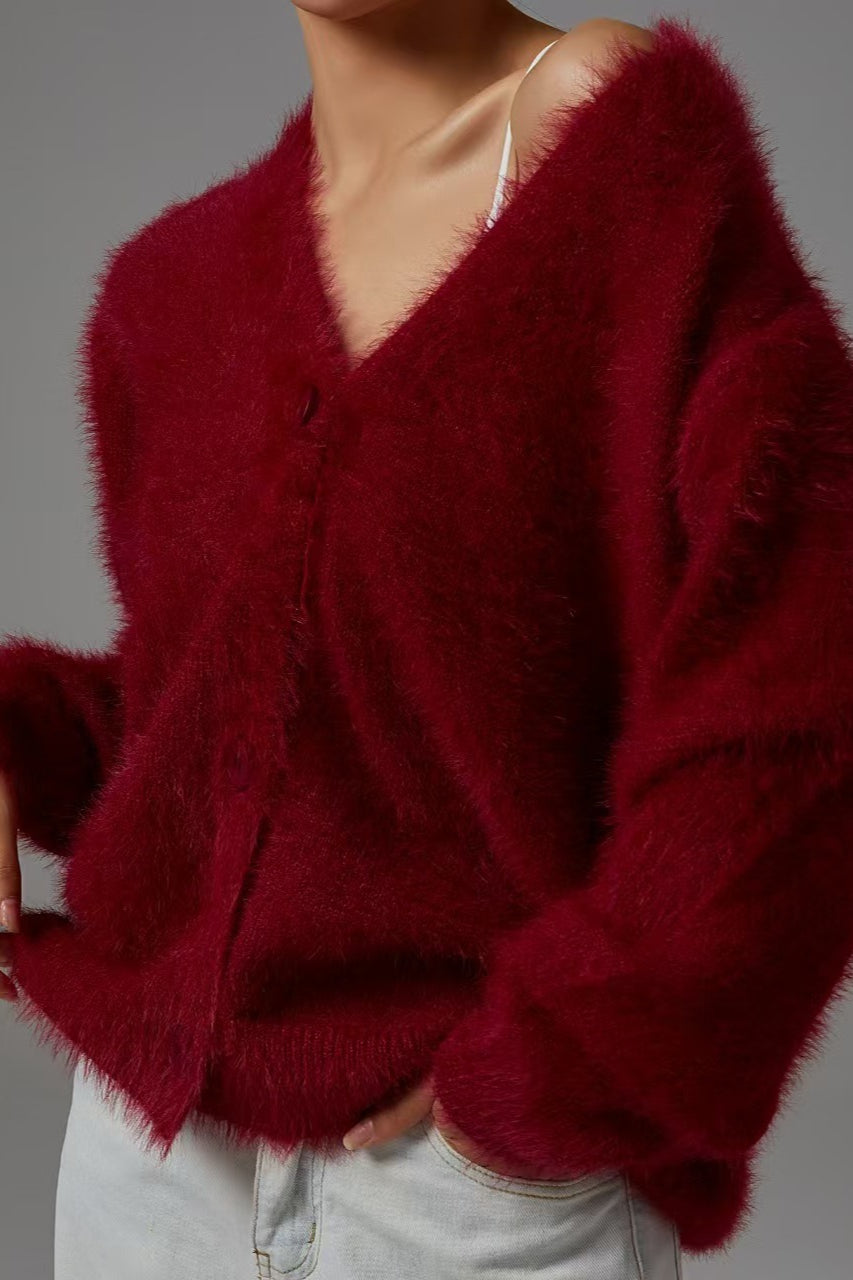 Fuzzy Balloon Sleeve V Neck Knit Cardigan