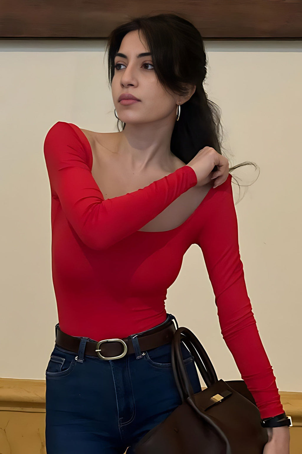 Solid Square Neck Bodycon Long Sleeve Tee