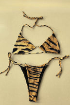 Conjunto de bikini sexy con estampado de leopardo, espalda descubierta, cuello halter y lazos
