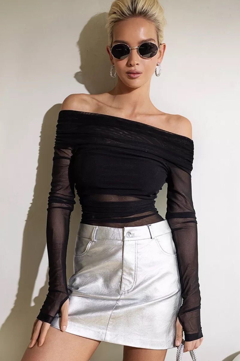 Off Shoulder Sheer Mesh Slim Fit Long Sleeve Tee