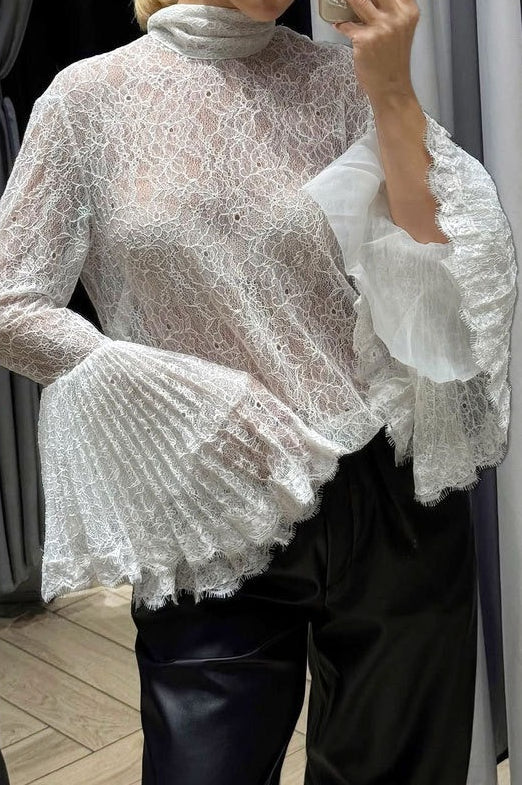 Lace Flounce Collar Ruffled Sleeve Sexy Blouse