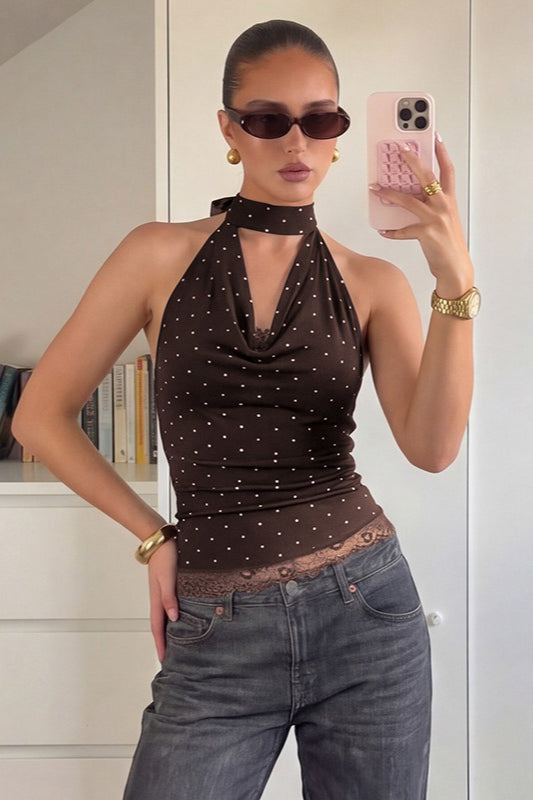 Polka Dot Lace Trim Backless Tie Tube Halter Top