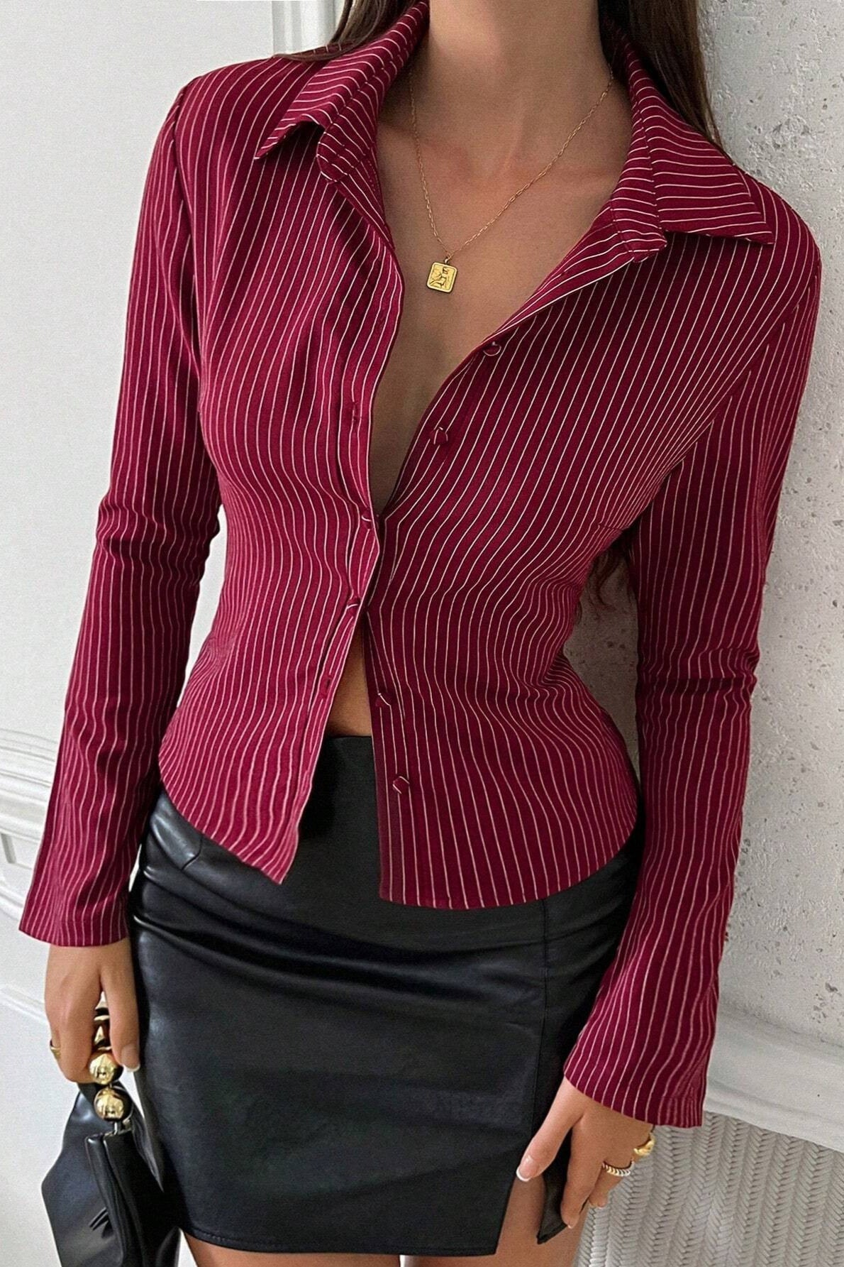 Escote en V A Rayas Manga Larga Blusa