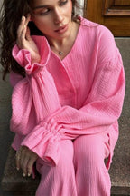 Balloon Sleeve Cotton Cardigan Wide Leg Pants Set