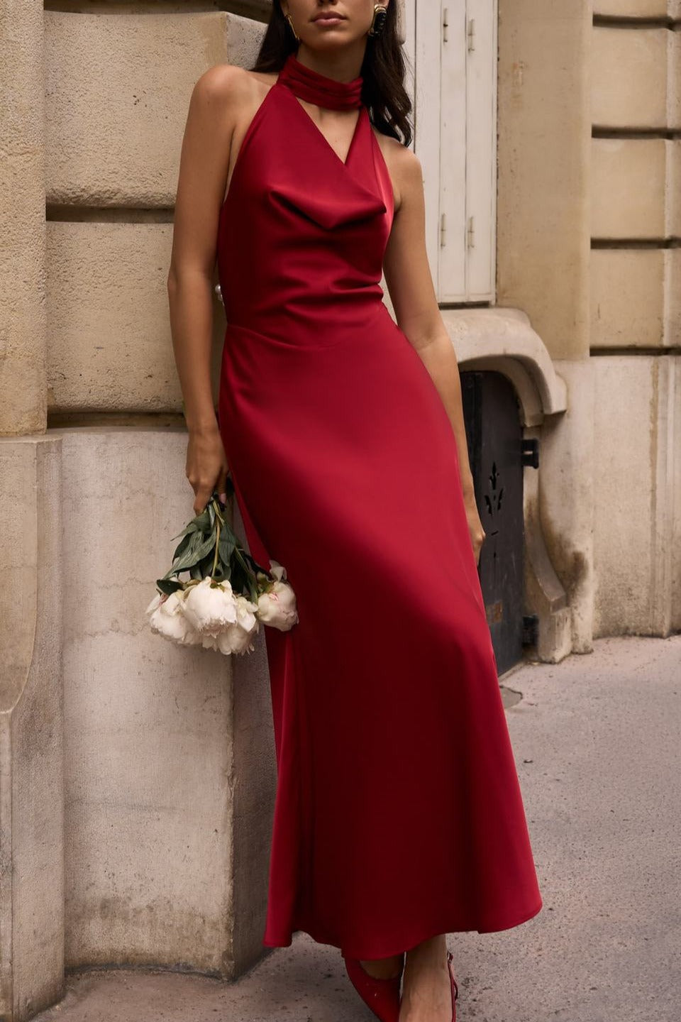 Satén Escote en V Halter Espalda Descubierta Vestido Maxi de Fiesta