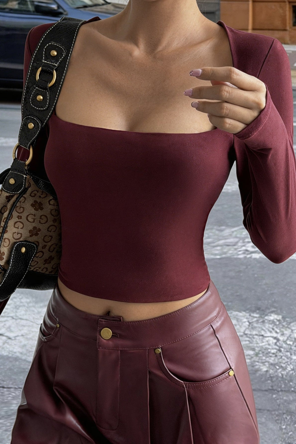 Solid Square Neck Cropped Long Sleeve Tee