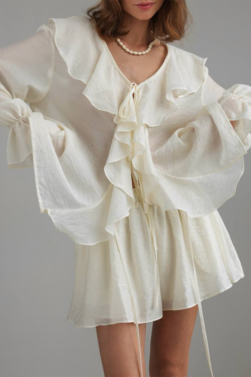 V Neck Ruffle Tie Front Blouse Shorts Set