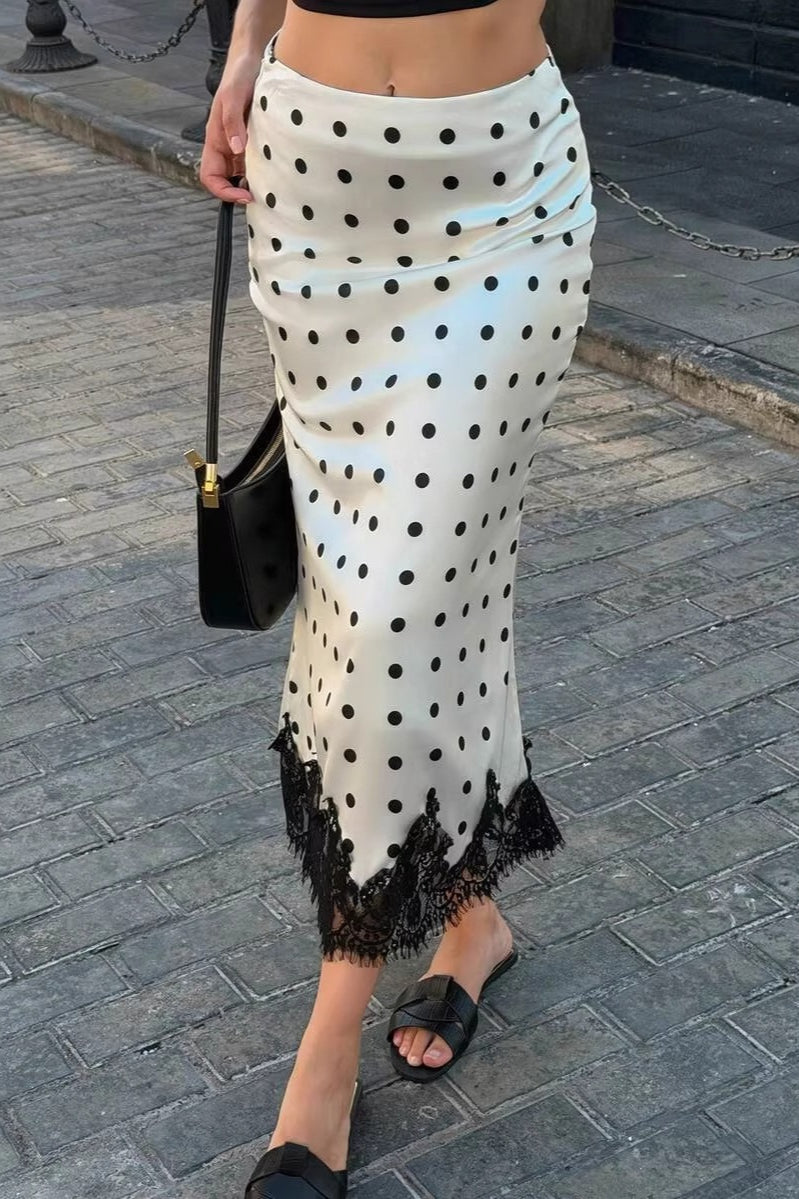 Satin Polka Dot Lace Bodycon Midi Skirt
